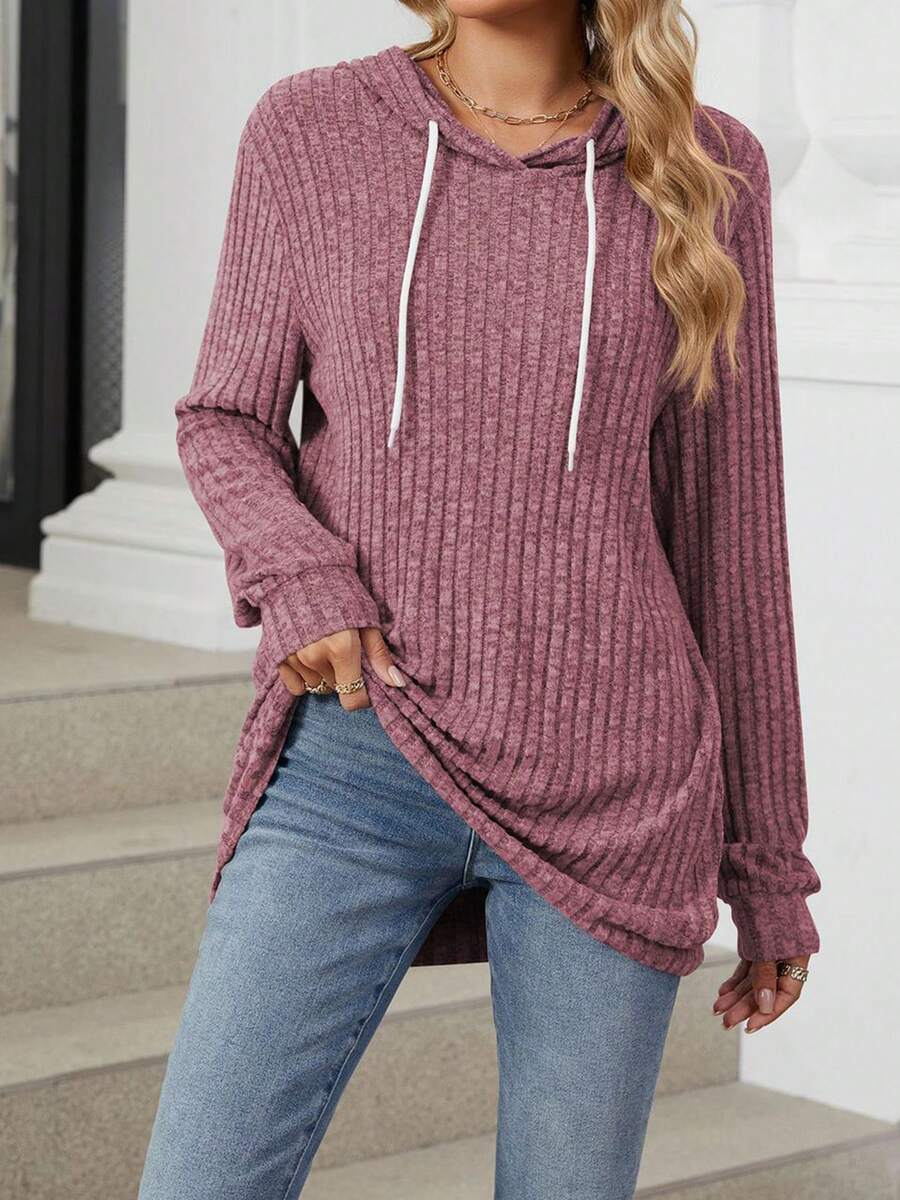 Women's Fall Casual Hoodies Solid Color Ribbed Long Sleeve Loose Sweatshirt Streetwear