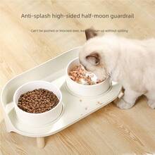 Tazón de mascota de cerámica en forma de media luna, protege el cuello, tazón doble para comida y agua de perro, antiderrame