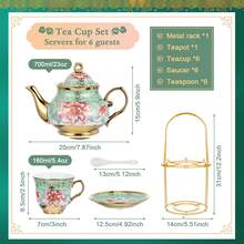 Vintage Floral Porcelain Tea Set 20-Piece With Gold-Rimmed Teapot, 6 Cups, Saucers, Spoons & Metal Stand – Afternoon Tea, Garden Party, Wedding, Bridal Shower, Holiday Gift, Thanksgiving & Christmas Table Decor - Green - View 5