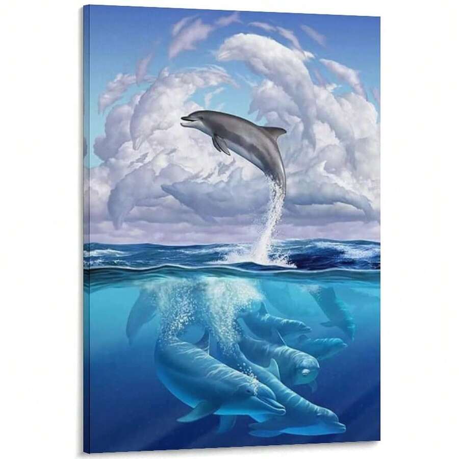 1PCS With Frame Animal Dolphin Poster Aquarium Wall Art, Blue Wall Art, Dolphin Photo Wall Art Painting, Canvas Wall Decor, Home Decor Living Room Decoration Aesthetic Print, Gift, Suitable For Bedroom, Dining Room, Kitchen, Classroom, Bathroom, Study, Office, Apartment, Dormitory, Kitchen, Cafe, Hotel, Bar, Studio, Dressing Room, Corridor, Gallery Room Aesthetic Wall Background Decoration - 彩色 - 查看 1