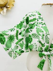 KISTYLE Crepe Blouse With Batwing Sleeves And Tie - Green - View 2