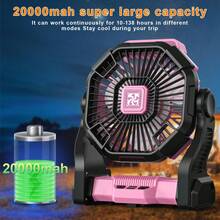 Cold Air Battery Powered Fan With LED Lantern, 20000mAh Dual Motor Camping Fan, 4-Speed Adjustable Desktop Fan With Hook, Portable Outdoor Fan, Suitable For Tents, Power Outages, And Construction Sites - Hồng - Xem 6