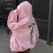 女士超大款连帽卫衣，天使印花，休闲街头风，宽松版型，保暖内衬，拉链闭合，时尚外套