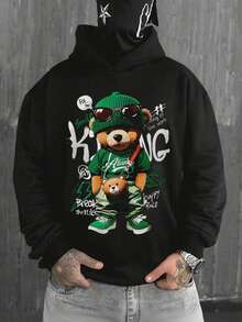 男士休闲街头风连帽衫，熊图案印花设计，秋冬季长袖上衣 - 黑色 - 查看 5