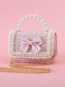 1pc Mini Bow Pearl Lace PU Metallic Chain Flap Closure Cute Handbag Shoulder Bag Snack Bag, Suitable For Teenagers Daily Outing And Festivals