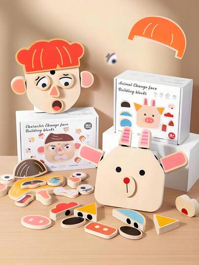 لعبة الألغاز المتغيرة للتعبيرات الوجهية والحيوانات، لغز خشبي تعليمي مبكر للأطفال، تدريب على التفكير المنطقي، لعبة تعليمية من قطع البناء