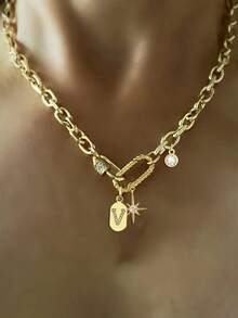 STYLEVER 1 件金色 A-Z 首字母项链，螺丝双扣链，单锆石八角形吊坠链，恶魔眼珍珠链，不锈钢链，万圣节和圣诞节礼物，适合女性 - 金黃色 - 查看 14