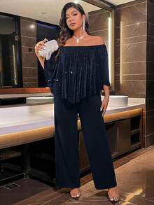 Voworia Plus Size Jumpsuit With Off Shoulder Design, Fashionable & Elegant, Early Autumn - Navy Blue - View 9