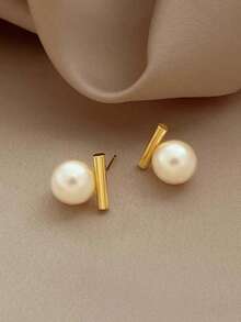 Tkool 2pcs Women's Minimalist T-Shaped Pearl Stud Earrings, Daily Accessory Gift - Multicolor - View 6