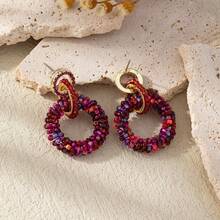 1 Pair Handmade Seed Bead, Rhinestone & Crystal Hoop Earrings, Unique Floral Pattern & Color Variations - Red Violet - View 4