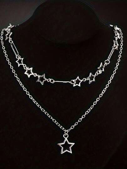 2件套个性化朋克风镂空星星双层项链女士Y2K时尚节日派对配饰礼物