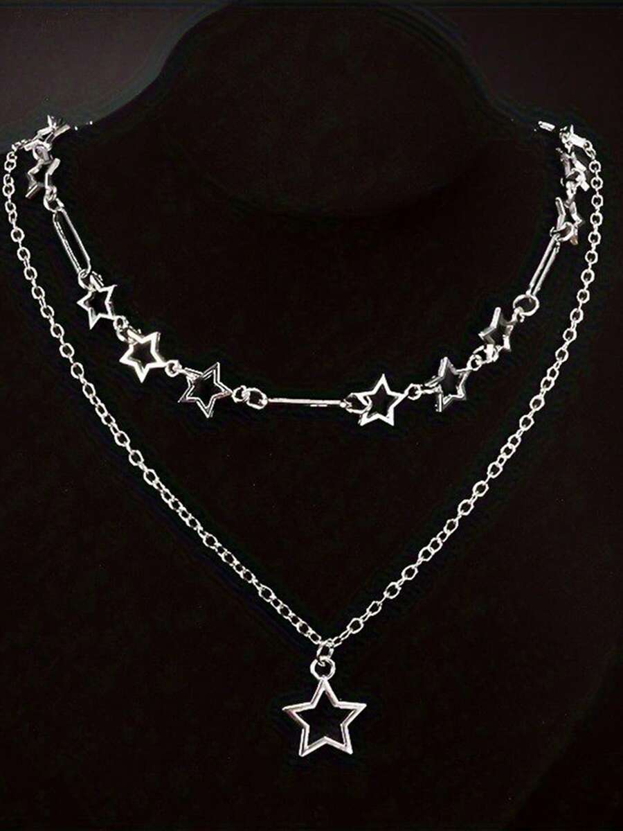 2件套个性化朋克风镂空星星双层项链女士Y2K时尚节日派对配饰礼物 - 星星 - 查看 1