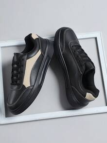 Tênis de Skate Estiloso de Estilo de Rua Masculino, Sola Macia Plana Confortável Sapatos Esportivos Acadêmicos, Tênis Casuais de Cadarço Preto, Sapatos Diários para Atividades Externas Masculinas