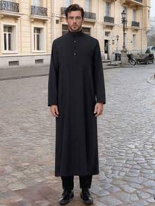 Túnica de oración musulmana de manga larga con cuello mao de unicolor clásico para hombres