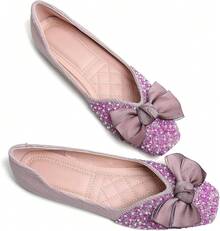 SAILING LU Square Toe Flats Shoes Rhinestoned Bowknots Ballet Flats For Women Studded Dress Shoes Comfort Light Weight LoafersChristmas - C-粉紅色 - 查看 7