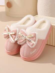 女士温暖毛绒拖鞋，新款蓬松一脚蹬家居鞋，厚底，防滑，蝴蝶结装饰，秋冬 - 粉色 - 查看 6