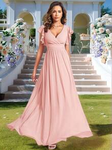 EVERPRETTY Spring Short Sleeve Pleated Wedding Guest Dress, V-Neck Draped Open Back Design Asymmetric Ruffle Hem Chiffon Pink Bridesmaid Dress, Mother Of The Bride Dress - Baby Pink - View 7