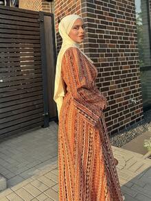 DAZY Rochie de toamnă de lungime medie în stil boho pentru femei, rochie cu mânecă lungă, rochie maxi modestă la modă, ținute de vacanță pentru femei - Maro - Vizualizare 5