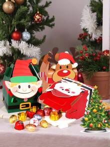 12 PIEZAS/1 PIEZA Cajas de cartón con asas para dulces navideños con estampado 3D vibrante para regalos de fiesta, dulces, chocolates y obsequios (Estilo de cabeza grande) - Combinación navideña A - Ver 3