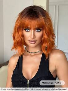 NICKY WALL 12Inch Short Wave Orange Wigs For Women,Elegant Wavy Curly Bob Wigs With Full Bangs,High Density Fluffy Synthetic Heat Resistant Fiber Hair Wig For Daily Party Wear, Halloween Cosplay Wigs - Cam bẩn - Xem 3