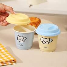 1 pieza Taza de cerámica para café, té o agua, con tapa de silicona antipolvo, hecha a mano con diseño de dibujos animados, resistente a altas temperaturas, de colores brillantes, agarre cómodo, boca ancha, borde redondo, base antideslizante, adecuada para decoración de encaje, para uso doméstico u oficina, apta para uso personal o como regalo