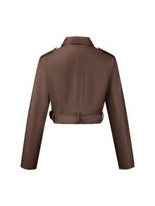 Risissida Women's Fall/Winter Street Wear Faux Leather Cropped Biker Jacket - Asymmetric Zip, Adjustable Belt For Edgy Urban Street Commuting Spring White - Brown - View 9