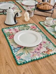 1/4/6 件复古美式乡村风格花卉提花餐垫，亮绿色贝壳刺绣边缘防滑杯垫，适合日常使用、节日、生日、派对、家庭聚会、婚礼、晚宴、四季家居装饰 - 彩色 - 查看 4
