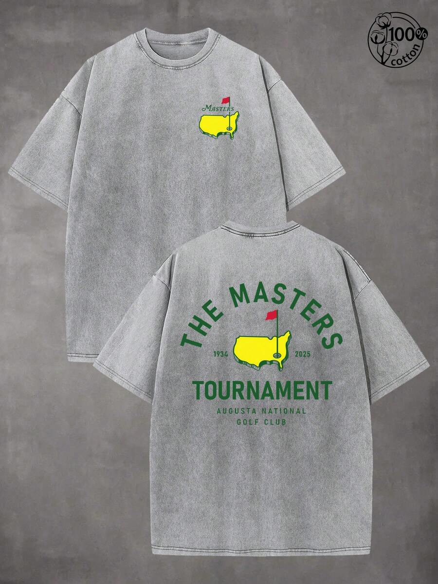 "THE MASTERS" Golf Pattern, Golf Shirt, Men's And Women's T-Shirts, 230G Wash Cotton High-Quality Cotton Printed T-Shirts, Men's Summer Clothing, Comfortable T-Shirt, Suitable For Street Retro And Outdoor Sports And Leisure, Y2K Style Outfit, Men Vacation Outfits,Ball Sports T-Shirts, Perfect Gifts. - 灰色 - 查看 1