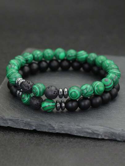 2 Pcs/Set Handmade 8mm Stone Beads Bracelet Charms Hematite Male Antique Sets For Men Party Jewelry