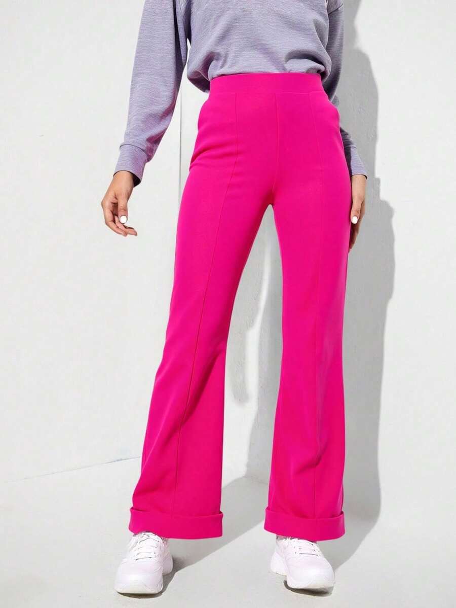 Mujer pantalones de estilo casual, tejido elástico con diseño moderno, ajuste holgado, cintura alta, pierna amplia, ideal para primavera-verano, perfecto para salidas diarias y actividades - Rosa Fucsia - Ver 1