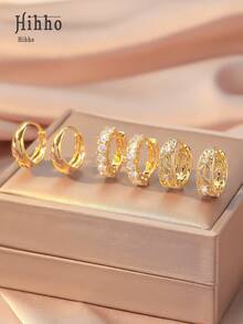 Hihho 6pcs/Set Classic Retro Zirconia Stud Earrings Set, Minimalist Luxury Design Earrings, Suitable For Daily Stacking Or Single Wear, Best Gift For Friends - Yellow Gold - View 13