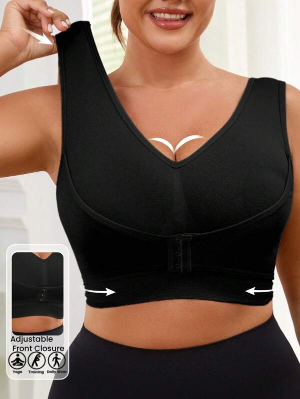 1pc Seamless Wireless Lift & Support Front Closure Adjustable Comfortable Side Gather Yoga Unpadded Sports Bra For Plus Size Women