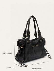 Women's Unisex Design Retro Slouchy Cool Street Style Washed PU Vegan Leather Zipper Closure Multi Functional Pockets Braid Decor Brush Off Color Large Capacity Tote Handbag Fits 13' Laptop Adjustable Long Strap Crossbody Shoulder Bag Daily Commute College Overnight Travel Outings, Bohemia Style Bag For Women, New Fashionable Big Bags For Women, New Arrival Tote Bags For Woman - 黑色 - 查看 6