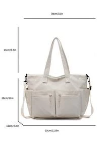 1 件米色多口袋实用手提包，简约时尚，大容量，适合学校/大学生的单肩包，拉链开合，休闲手提包，多功能手提包，通勤和旅行存储解决方案，简约纯色手提包，轻松搭配各种服装 - 米色 - 查看 11