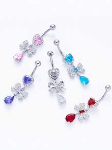 1pc Bowknot Zirconia Pendant Belly Button Ring Navel Piercing Jewelry For Women, Light Luxury Body Piercing - Multicolor - View 4