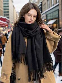 1条女士流苏羊绒围巾，加厚保暖披肩，纯色，70*200厘米柔软披肩，多功能保暖围巾/披肩，二合一，厚实保暖，秋冬季百搭颈部围巾，适合室内外使用，冬季送给女友或母亲的绝佳礼物 - 彩色 - 查看 4