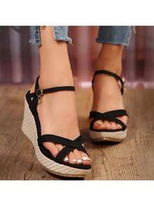 Moda Sandalias para con diseño de nudo tira tobillera Sandalias cuña,Sandalias de tacón inclinado, adecuadas para fiesta, vacaciones - Negro - Ver 1