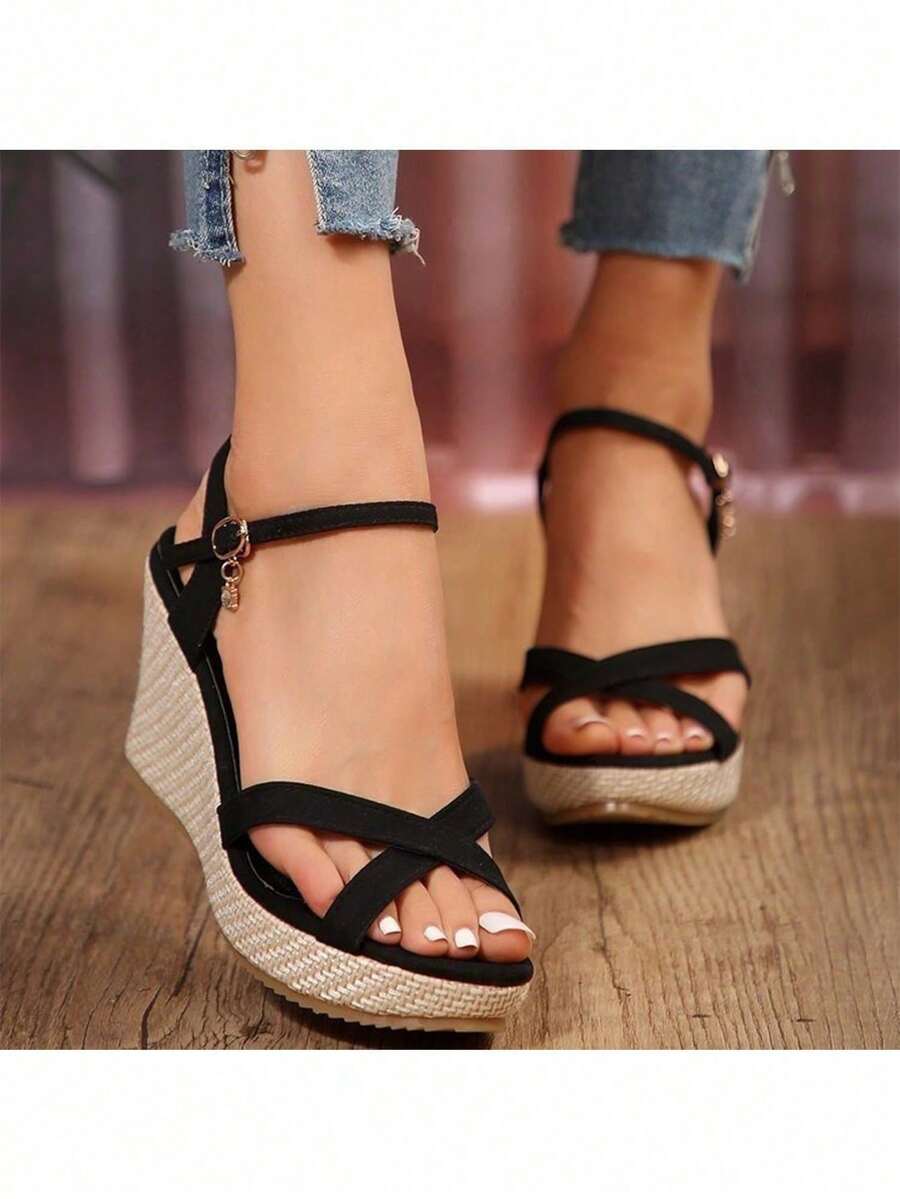 Moda Sandalias para con diseño de nudo tira tobillera Sandalias cuña,Sandalias de tacón inclinado, adecuadas para fiesta, vacaciones - Negro - Ver 1