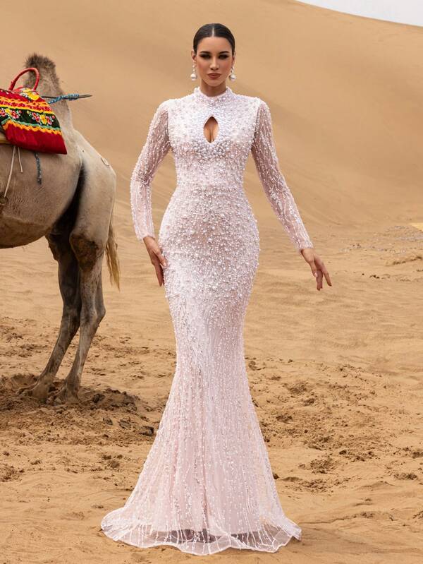 Faeriesty Luxury Sparkly Pearl & Beaded Mermaid Evening Gown With High Neckline, Front Keyhole Cut-Out – Elegant Luxury For Galas, Weddings, Proms & Upscale Evening Gatherings For Women