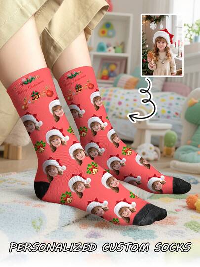 1 par de calcetines de tubo medio con diseño navideño personalizado con impresión frontal para niños, calcetines de pareja, personalizados con fotos, calcetines de pareja divertidos, cómodos y transpirables, diseño de dibujos animados creativos, regalos perfectos para fiestas, cumpleaños, Día de San Valentín, divertidos, locos, anime, calcetines multicolor, suministros de regalo de Navidad