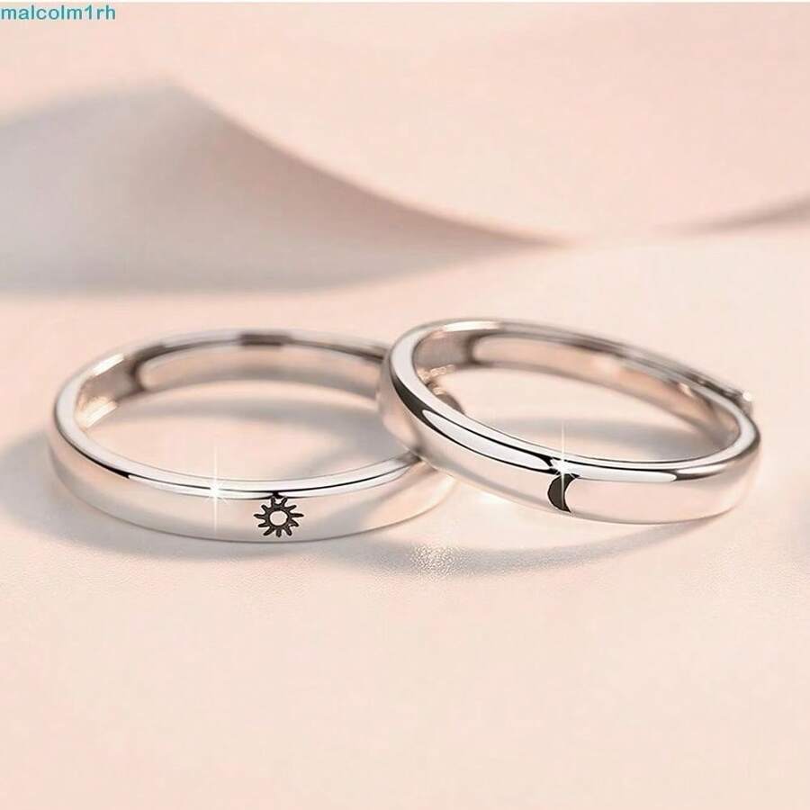 925 Silver Plated Sun And Moon Couple Ring With Adjustable Open Setting - Bạc - Xem 1