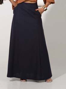 Saia Longa Cintura Alta Alfaiataria em Linho Rústico Moda Evangélica - Preto - Visão 2