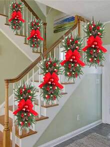1pc, 17.71inch Christmas Wreath Hanging Decoration Staircase Red Rattan Bow Wreath Pine Cones Decoration Home Decoration Props Festive Atmosphere Venue Layout Props - Multicolor - View 4