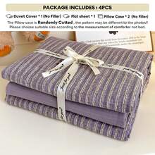 4 件套复古风格床上用品套装，紫色条纹和红色樱桃图案，涤纶双层纱布，（1 个羽绒被套 + 1 个床单 + 2 个枕套），枕套带有随机图案裁剪，适合秋冬季，卧室装饰，节日礼物