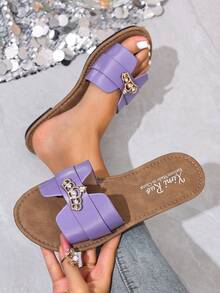 Korean Style Casual Flat Slide Sandals For Women, Open Toe, Woven Roman Style, Suitable For Spring, Summer, Beach, Vacation, Pair With Dresses, Flat, Brown - Purple - View 2