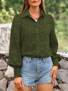 Women's Fall Button-Up Shirt Elegant Long Puffed Sleeve Hole Loose Neckline Shirt - xanh quân đội - Xem 5