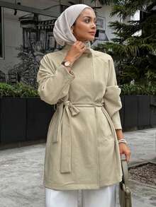 DAZY 女士休闲宽松工装风衣立领街头休闲系带风衣外套，秋季女装，简约时尚 - 卡其色 - 查看 2