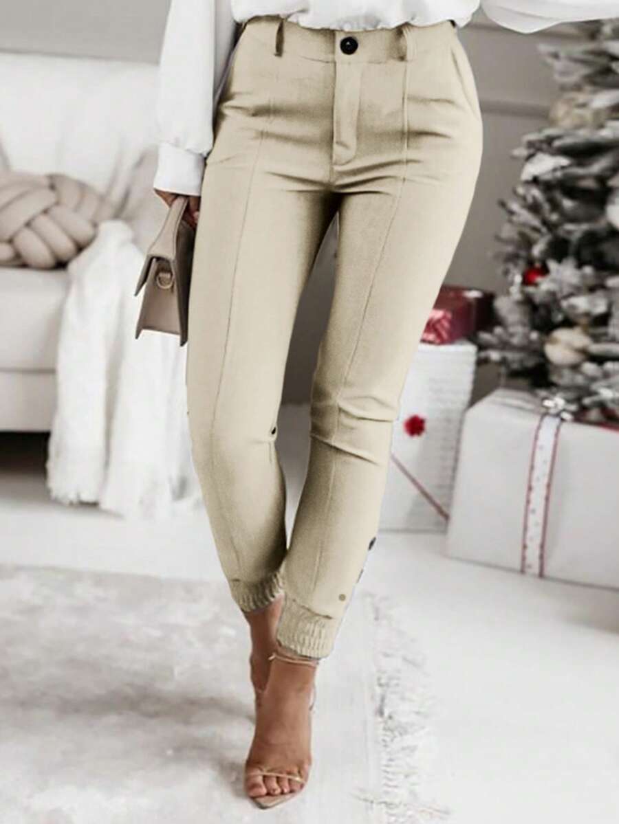 Jessefine Solid Color Zipper Hem Elastic Fabric Apricot Hem Pants, Elegant Commuter Style Daily Office Wear, Multi-Purpose Spring/Summer Trousers - Apricot - View 1