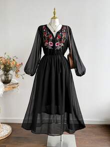 Rusttydustty Plus Size Floral Embroidery Casual Vacation Dress - Black - View 1