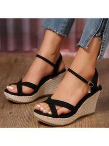 Moda Sandalias para con diseño de nudo tira tobillera Sandalias cuña,Sandalias de tacón inclinado, adecuadas para fiesta, vacaciones - Negro - Ver 2